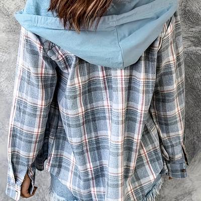 TEMU Women's Casual Print Long Sleeve Hooded Button-up Shirt With Drawstring Detail - Light Checkered Design, Lightweight Buttonup Shirt Image