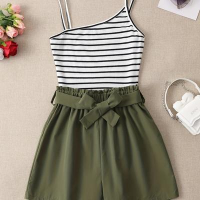 TEMU Lady Striped Asymmetrical Neckline Top And Belted Waist Shorts Set Image