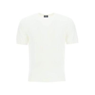 Short-Sleeved Crewneck Knitted Jumper - White - Drumohr Knitwear