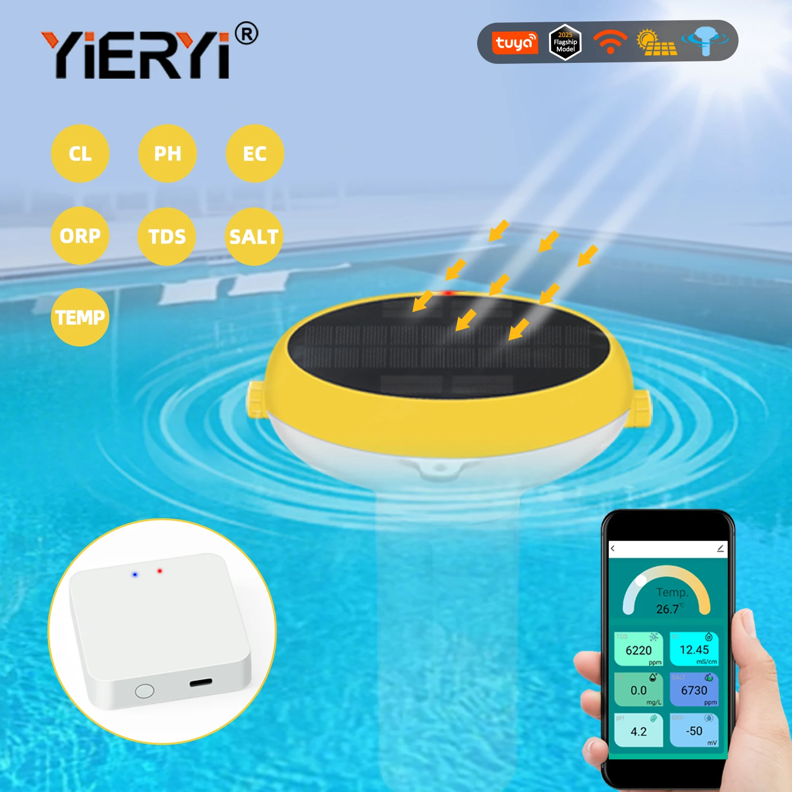 Flaggschiffmodell Smart Pool Chlormonitor WiFi 7-in-1 PH ORP TDS EC Salztemperatur Chlortester Solar schwimmend für Schwimmspas Image