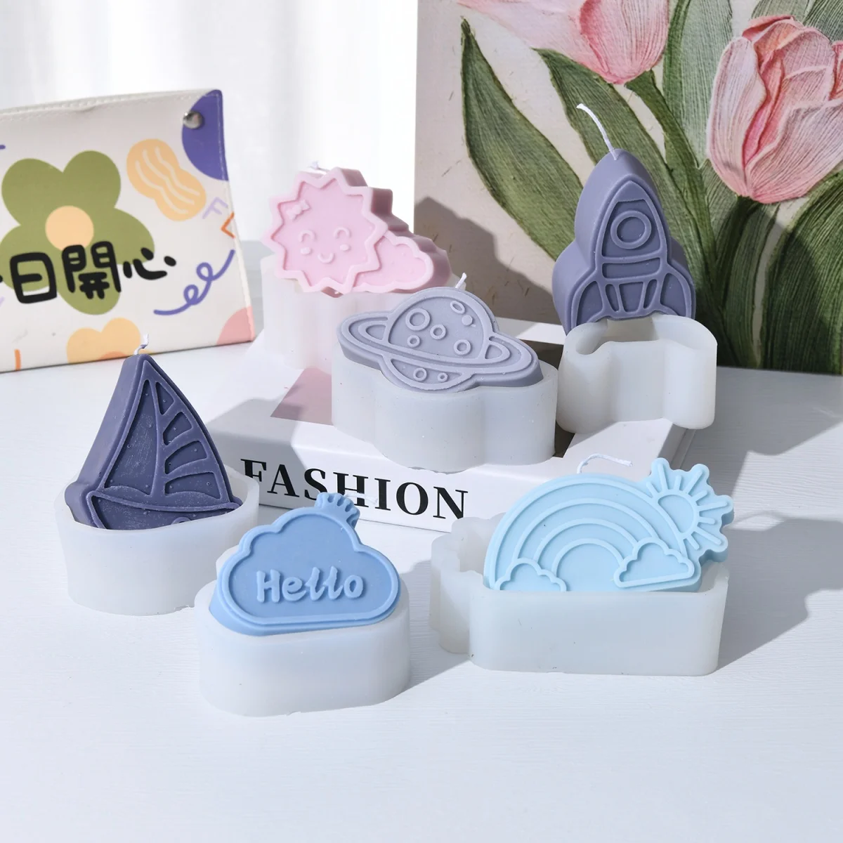 Cartoon Rakete Silikon Kerze Form Lächeln Sonne Regenbogen Wolke Seife Form für Segelboot Raum Planet Muster Harz Gips Handwerk DIY Image