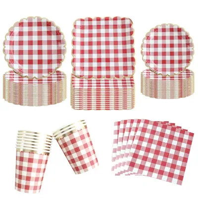 10pcs Red Checker Tableware Set Disposable Tableware Plate Paper Plate Dinner Plate Cake Plate Party