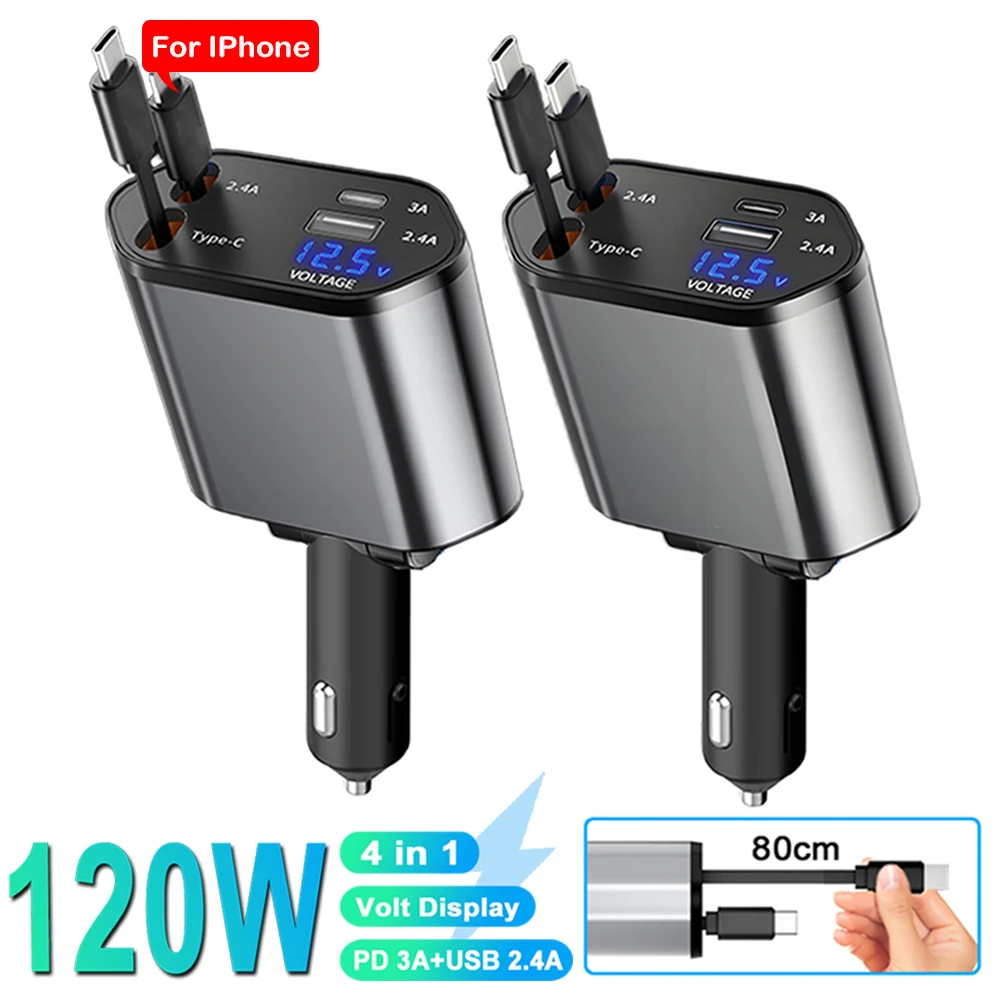 4 IN 1 Autotelefon-Ladegerät 120 W Typ C 66 W + 2,4 A Ladekabel mit einziehbaren Kabeln mit Volt-Display für IPhone Huawei Samsung Image