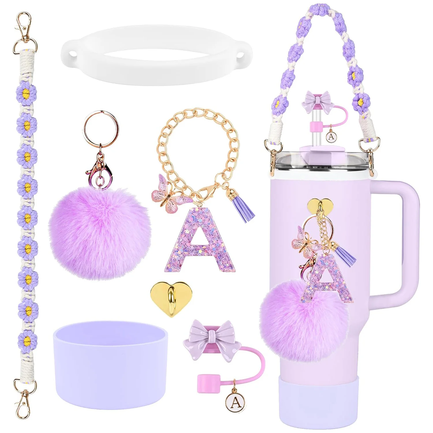 7-teiliges Zubehör-Set für Stanley Cup, lila Stroh-Topper, Tasse, Stiefel, Wasserflasche, Griff, Riemen, Buchstaben-Charms, 40 Unzen, 30 Unzen, Tumbler Image