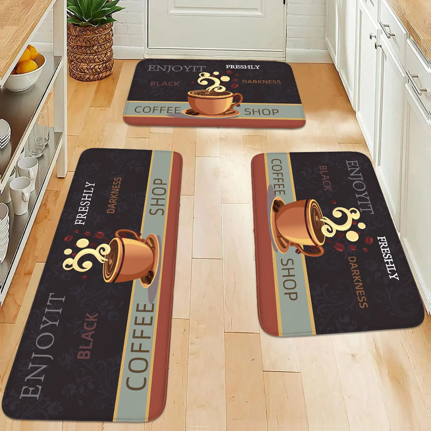 1-teilige Küchenbodenmatte aus der Retro-Kaffeetassen-Serie, rutschfeste Fußmatte, waschbarer Küchenteppich, geeignet für Veranda, Schlafzimmer, Wohnzimmer Image