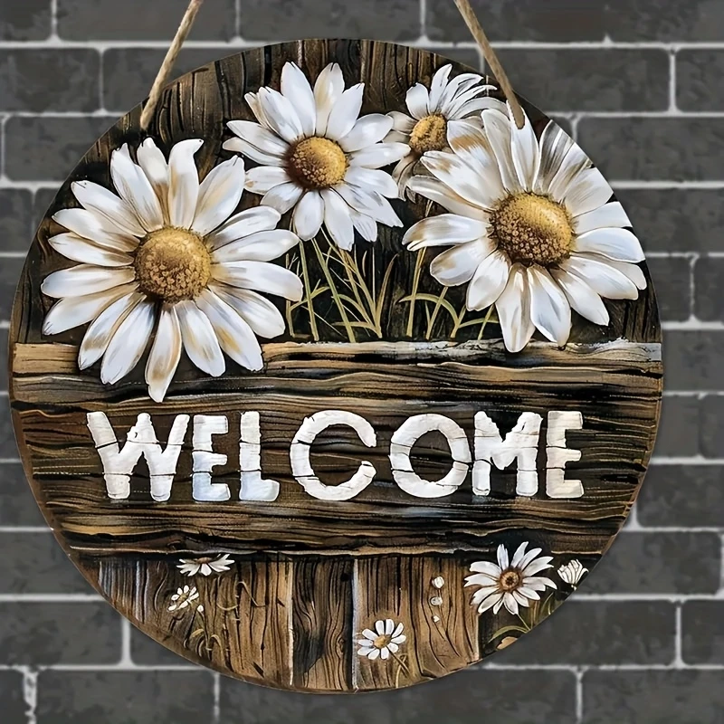 Willkommen Gänseblümchen-Schild, 20,3 cm, Holz, Zuhause, Wohnheim, Dekoration, Garten-Dekoration, Wandschild, Außenterrasse, Gartenarbeit, Geschenk Image