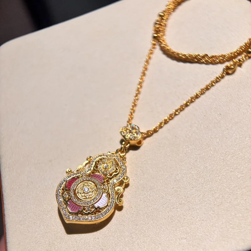 Vintage Ruyi Schnalle Kürbis Anhänger Halskette Diamant Inlay Gericht Stil Lotusblume Rosa Kragen Kette Hochzeit edlen Schmuck Image