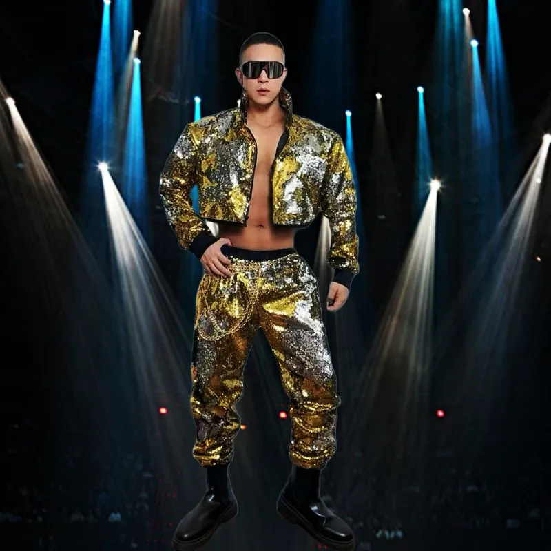 Rot Silber Flipping Pailletten Kurze Jacke Hosen Hip Hop Jazz Dance Kostüm Männliche Sänger Tänzer Team Bar Nachtclub Bühne Outfits