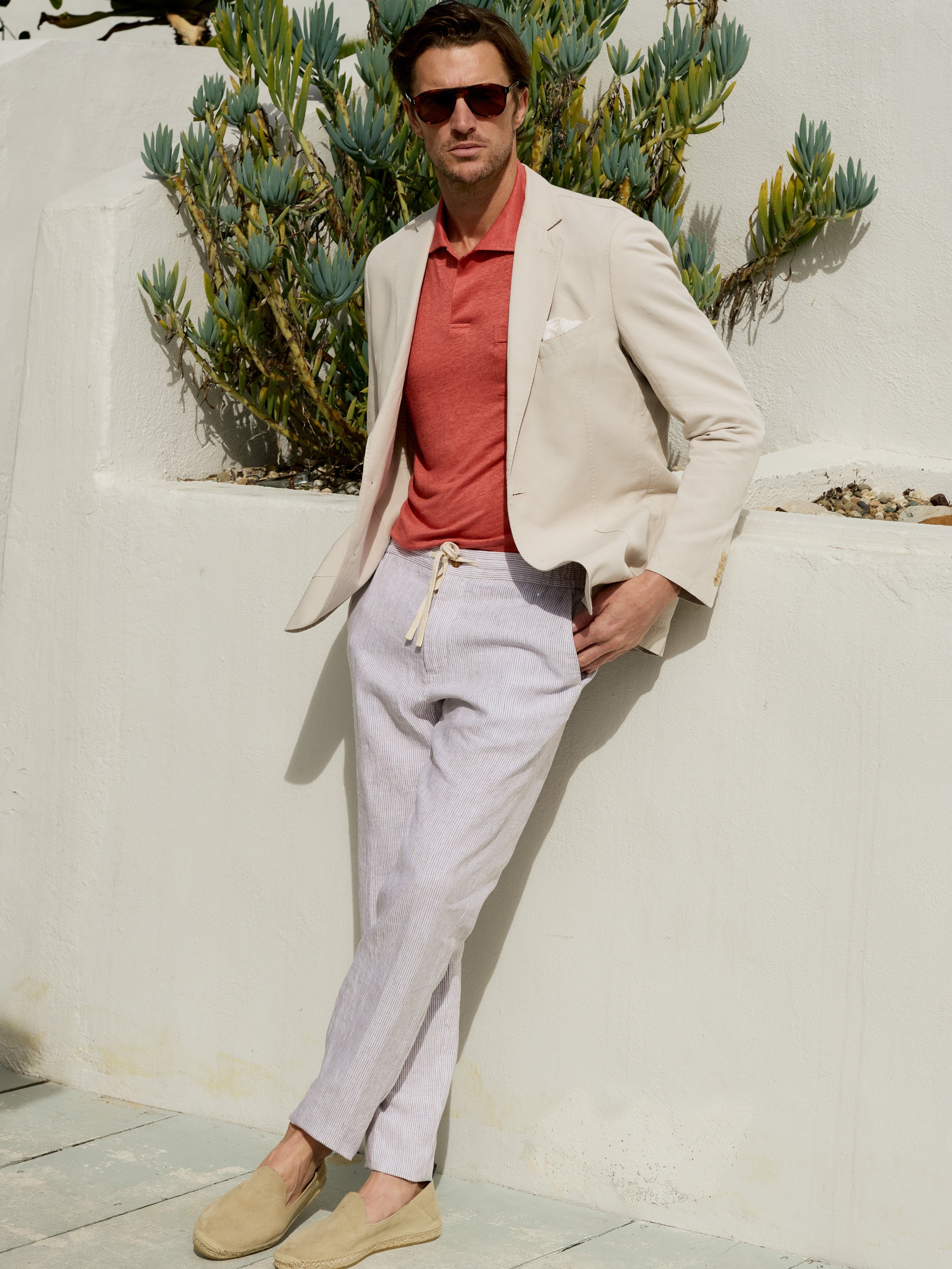 J.McLaughlin Men's Callistair Linen Pants in Hairline Stripe White/Beige, Size Medium