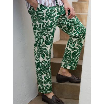 J.McLaughlin Men's Oxford Pants in Patterned Leaves Off White/Forest, Size 31 | Cotton