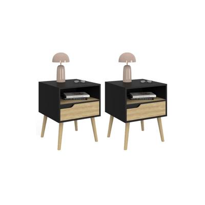 Set aus 2 Nachttischen helsinki skandinavisch 1 Schublade mit Nische schwarz und Bucheffekt Image