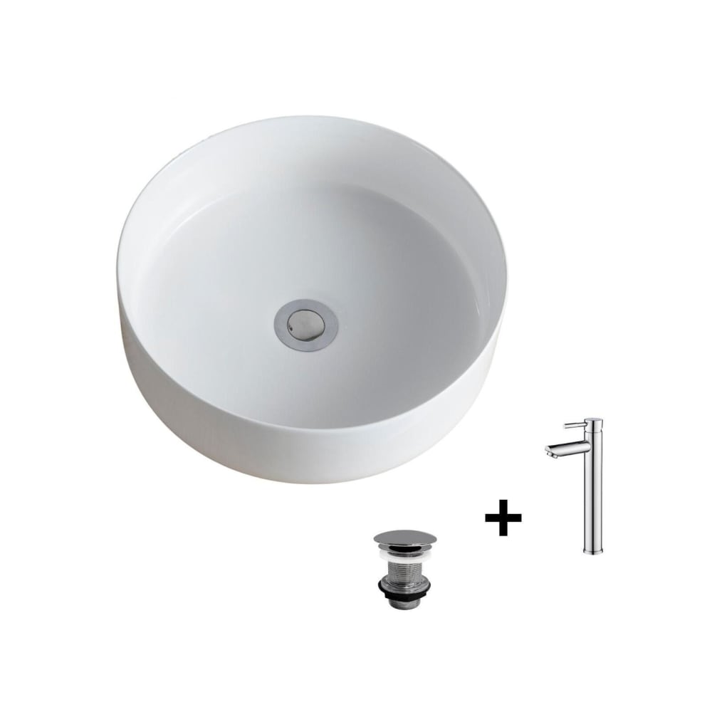 Vasque à poser ronde 36x36cm + robinet + bonde