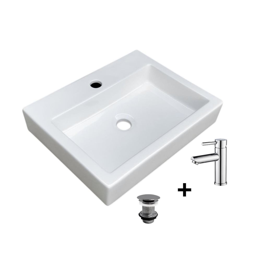 Vasque à poser rectangulaire 48x38cm + robinet + bonde