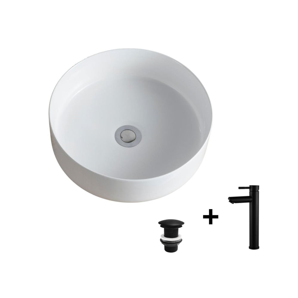 Vasque à poser ronde 36x36cm + robinet + bonde