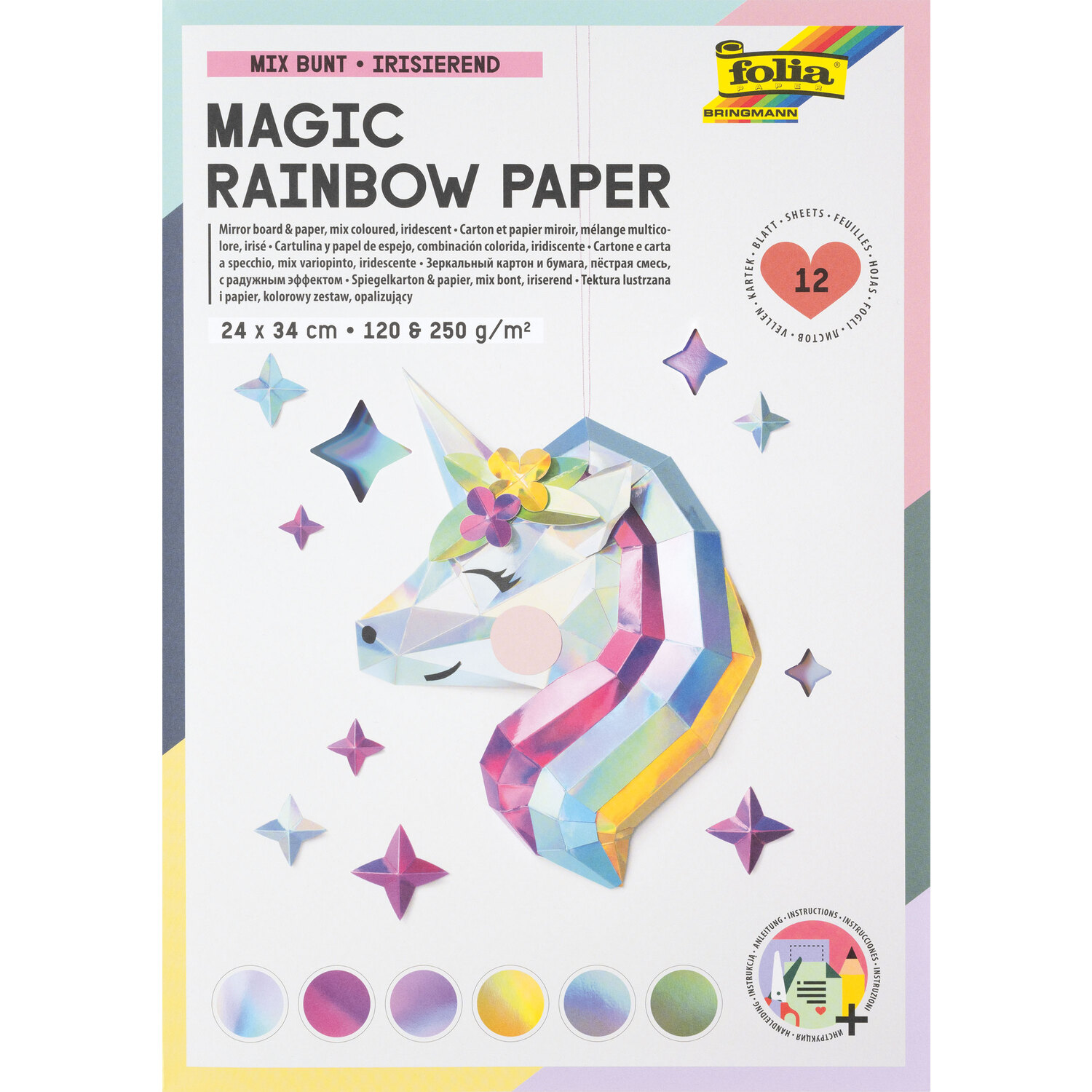 folia Carton et papier miroir "arc-en-ciel", 24 x 34 cm, 12 feuilles