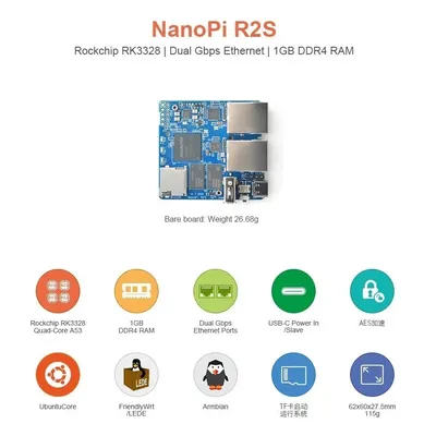 NanoPi R2S LTS (1G DDR4 RAM) Rockchip RK3328, Quad Cortex-A53,Dual 1000M Ethernet ports,USB3.0,OpenWRT,U-boot,Ubuntu-Core
