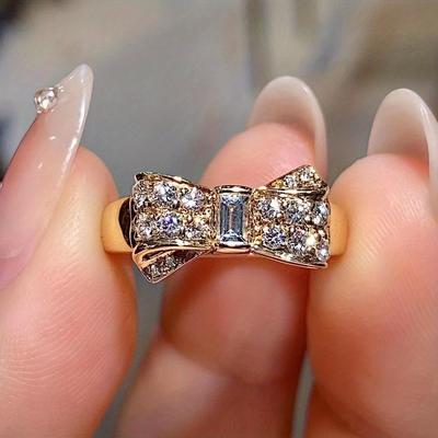 TEMU Coquette Style Ring Cute Bow Knot Design 18k Gold Plated Inlaid Shining Zirconia Match Daily Outfits Sweet Gift For Girls Image