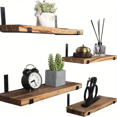TEMU 4 Pieces Floating Shelves Rustic Wood Wall Shelves, Bedroom, Living Room, Kitchen, Bathroom, Office And Plant Wall Organizer Christmas Gift Image