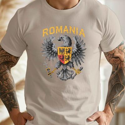 TEMU Men's Romania Eagle & Shield Graphic Print Crew Neck T-shirt - Royal Blue Lightweight Summer Tee, Regular Fit Casual Top With Bold Yellow Lettering, Machine Washable, Comfortable Fit Shirt Image