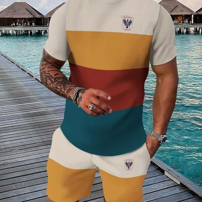 TEMU Men's Summer Casual Sportswear Set, 3d Printed Crew Neck T-shirt And Shorts, Breathable Polyester Knit Fabric, Stretch, Regular Fit, Weekend Leisure Outfit Image