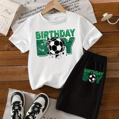 TEMU Boys' Summer Short-sleeve T-shirt And Shorts Set Featuring Football And Letter Elements For Birthday Celebrations, For Outdoor Image