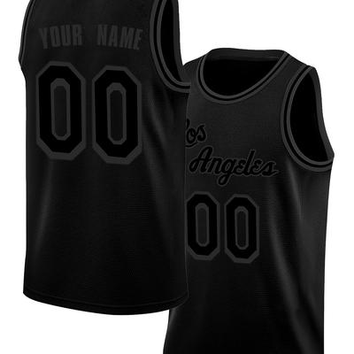 TEMU Customizable Los Angeles Men's Basketball Jersey - Embroidered Name & Number, Black With , Breathable Polyester, Round Neck, Sizes S-3xl - Sports, , And Training Image
