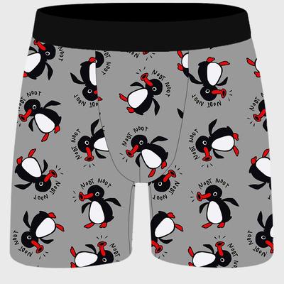 TEMU Men's Penguin Print Boxer Briefs - Breathable, Loose-fit Long Underwear With Elastic Waistband, Casual Sporty Style, Gray And Red, Polyester Blend Image