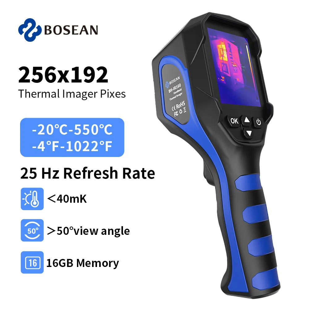 BOSEAN Thermal Imaging Camera with 256x196 IR Resolution, 25Hz, ＜40mK, 16GB Memory, -4℉ to 1022℉ for Maintenance, HVAC