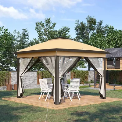 Outsunny 3.3 x 3.3m Pop Up Gazebo, Double Roof Foldable Canopy Tent with Zipped Mesh Sidewalls, Height and Carrying Bag, Beige