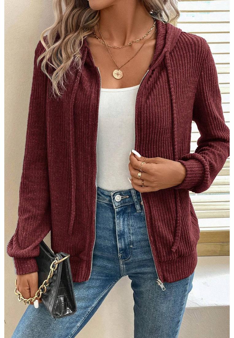 Azura Exchange Rote Dahlie Rippstrick Zip-Up Vorderzug Hoodie Image