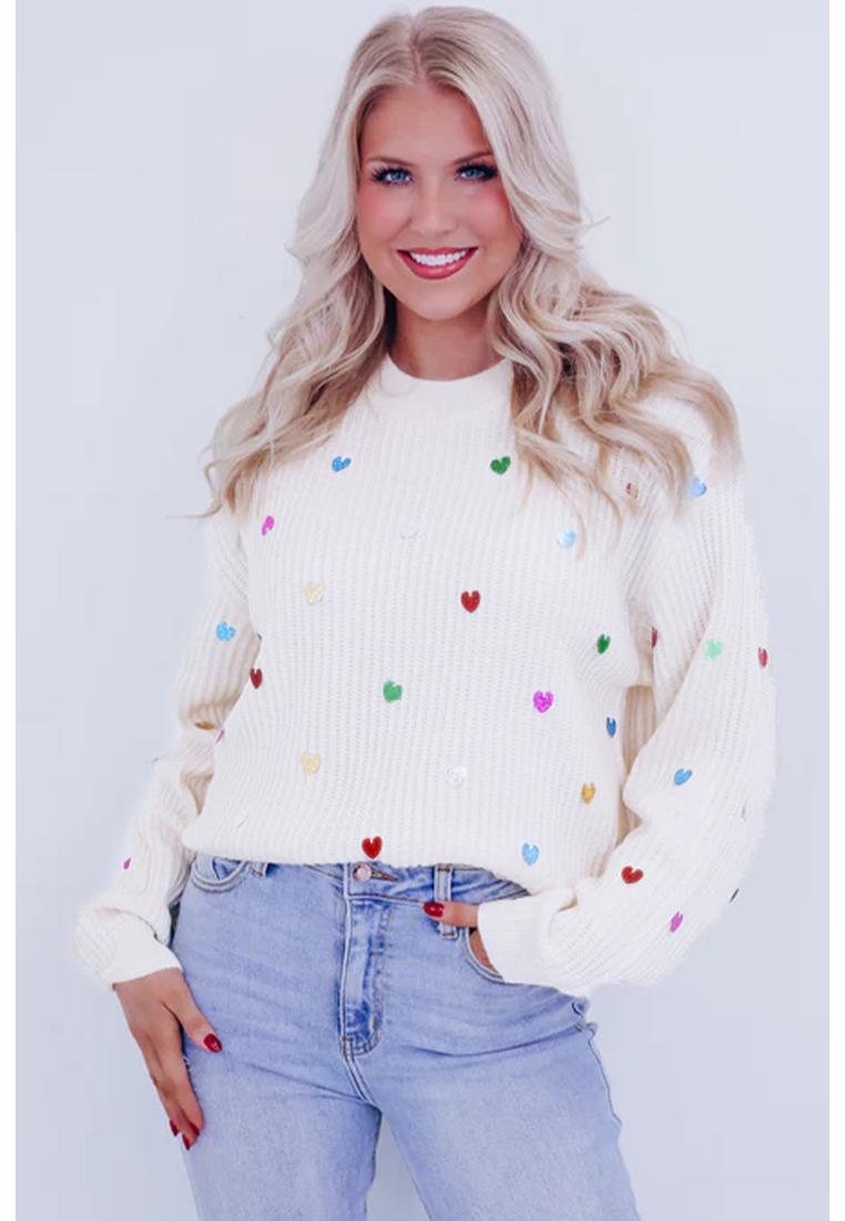 Azura Exchange Beiger Pailletten Herzform Waffelstrick Rundhals-Pullover Image