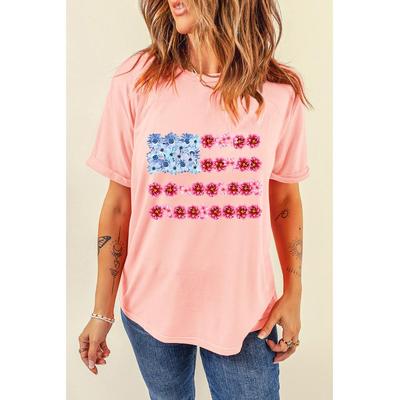 Azura Exchange Pink Floral Printed Rundhalsausschnitt Flag Day T-Shirt Image
