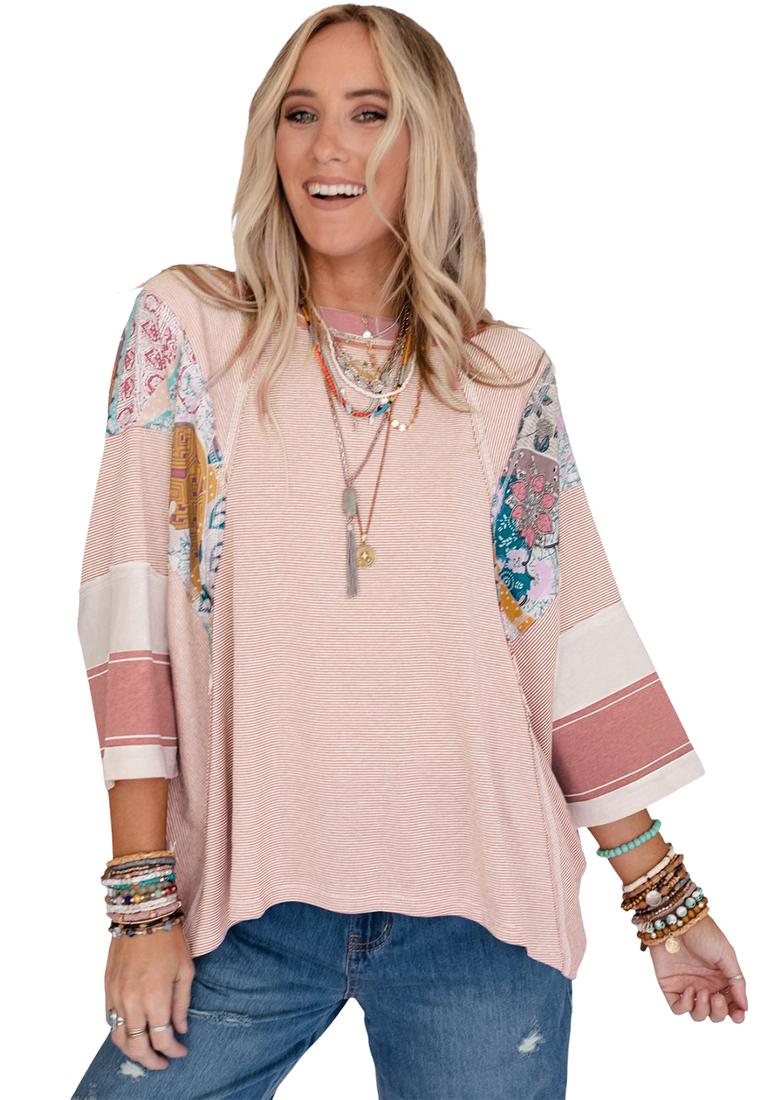 Azura Exchange Pink Gestreifter Farbblock-Patchwork Oversized-Top Image