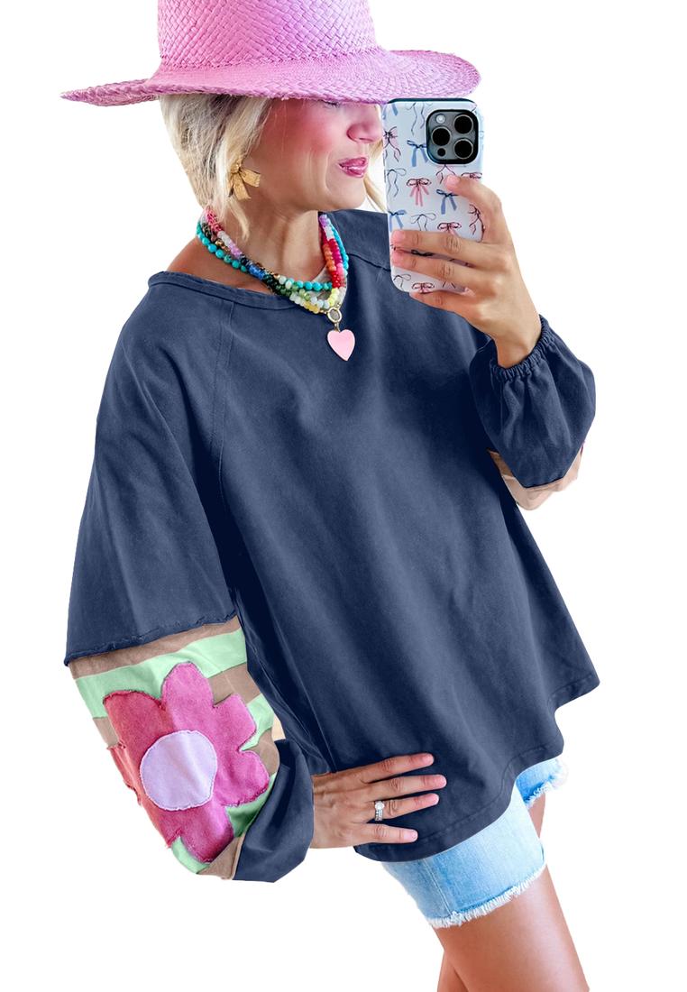 Azura Exchange Damen Oversized Langarm-Sweatshirt mit Blumenapplikation Image