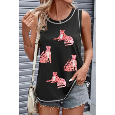 Azura Exchange Schwarzes Pailletten-Geparden Rundhals Shirt mit lockerem Schnitt Image