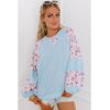 Azura Exchange Beau Blau Texturiertes Blumen-Patchwork Ballonärmel-Bluse