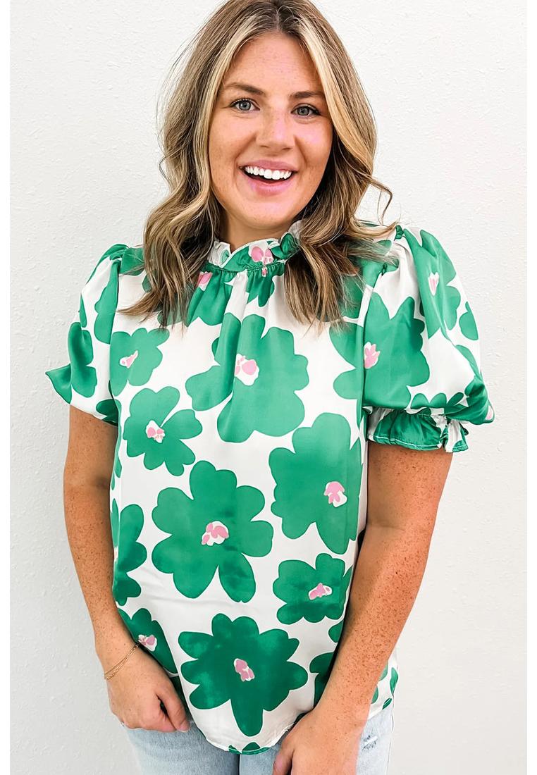 Azura Exchange Grüne Florale Puffärmel Bluse mit Rüschenausschnitt Image