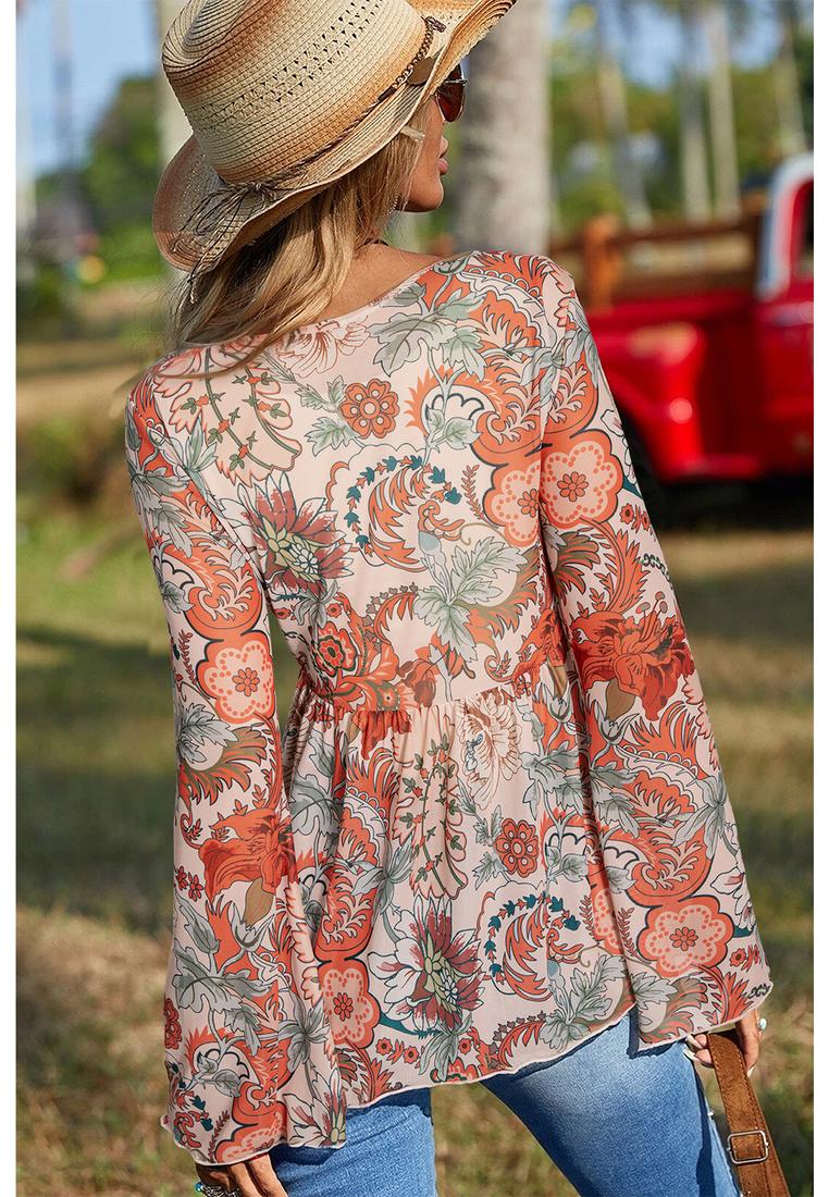 Azura Exchange Orange Floral Print Tie-Front Bluse mit tiefem V-Ausschnitt und Glockenärmel Image