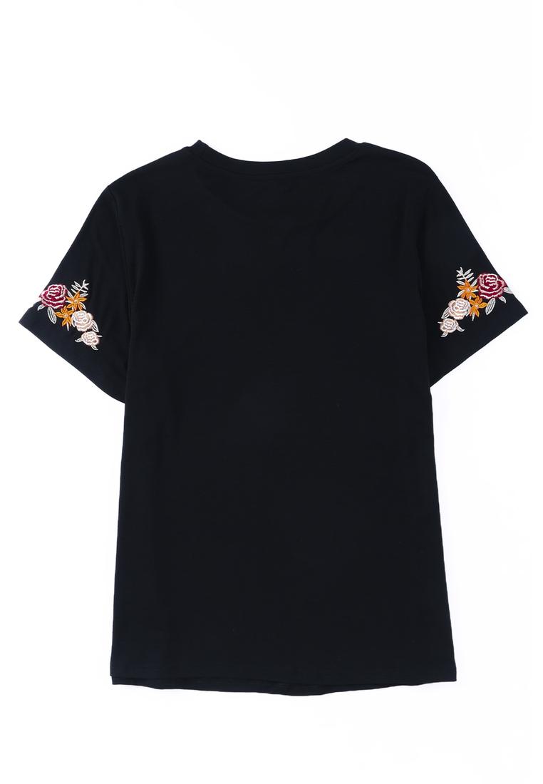 Azura Exchange Damen besticktes Kurzarm-T-Shirt mit floralen Details in Schwarz Image