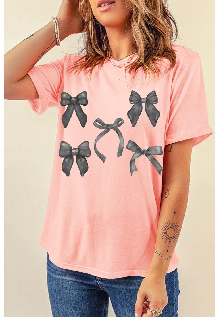 Azura Exchange Pink Bow Knots Print Slim Fit Rundhals T-Shirt Image