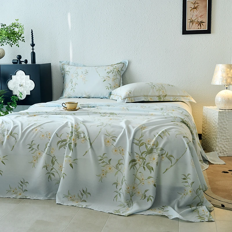 3 Stück Blumen, botanisch bedruckt, französischer Pastoralstil, Natur, bequem, kühlend, weich, seidig, flaches Blatt/Bettlaken und 2 Kissenbezüge Image
