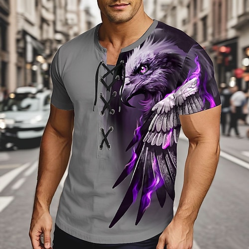 Per uomo Aquila Maglietta Manica Corta maglietta Stampa 3D Collo con lacci Camicia Esagerato Designer Streetwear Casuale Quotidiano Giallo Blu Viola Estate Primavera Abbigliamento S M L XL XXL XXXL