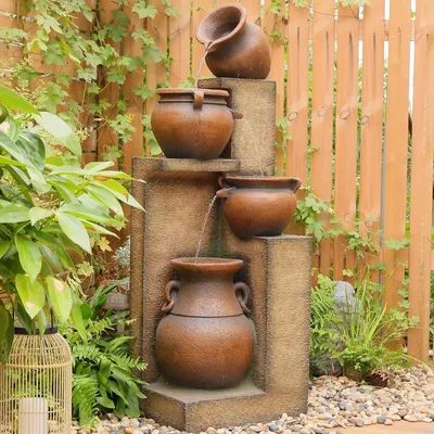 53 inch tall large outdoor fountain with lights, 4-storey waterfall fountain,standalone outdoor