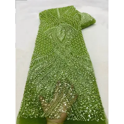 Green African Beads Groom Tulle lace Fabrics 2025 High Quality Sequins Embroidery French Tulle Laces