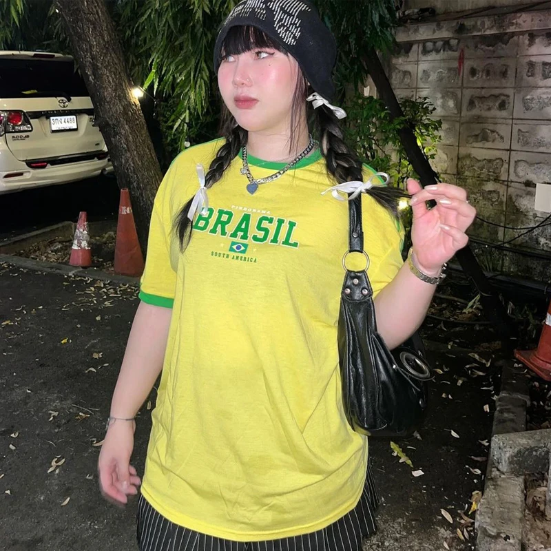 Nouveau drapeau du brésil jaune Y2k 00s été nouveau T-Shirt à manches courtes femmes basique T-Shirt femmes décontracté col en v femmes T-Shirt femme