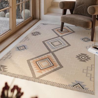 Wollteppich GREEN LOOOP "Jong", beige (creme beige), B:140cm H:5mm L:200cm, Wolle, Teppiche, Fransen, Kelim, handgewebt, Natur, Wohnzimmer, Schlafzimmer, Raute Image