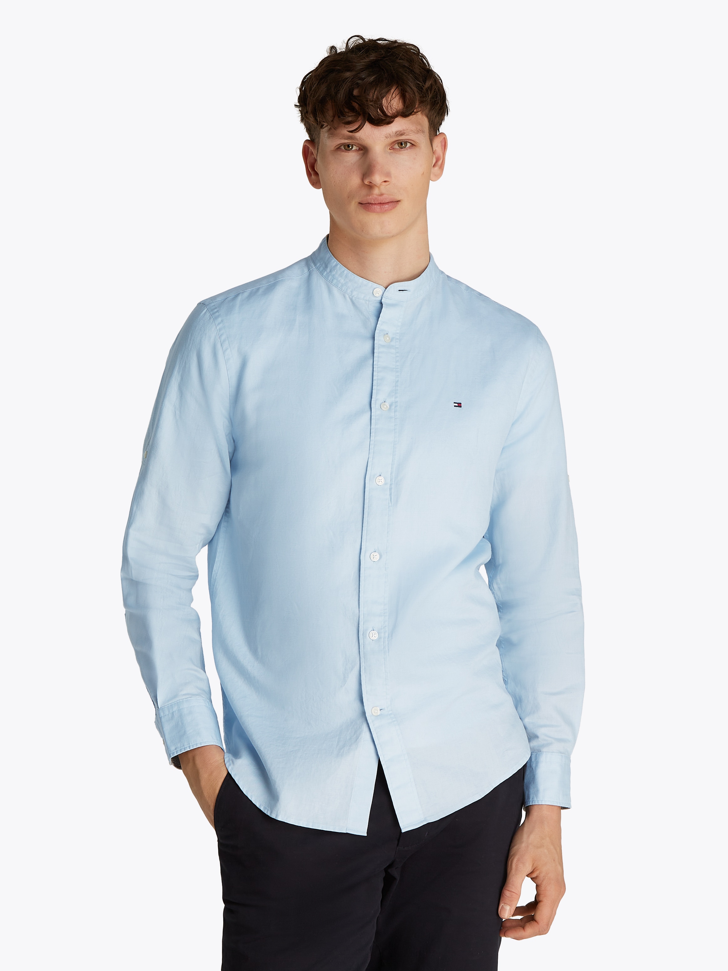 Langarmhemd TOMMY HILFIGER "LINEN BLEND MAO COLLAR SHIRT", Herren, Gr. M, N-Gr, blau (breezy blau), Web, Obermaterial: 52% Baumwolle, 48% Leinen, Manschette, Hemden