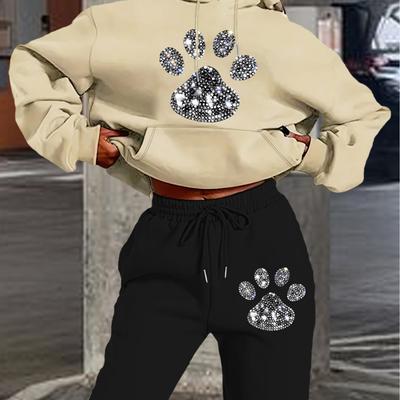 TEMU [1pc Women's Hooded Tracksuit Set] Women's Casual Polyester Hooded Tracksuit Set, Knit Fabric, Long Sleeve Hoodie And Pants With Pockets, Geometric Pattern, For Fall/winter Image