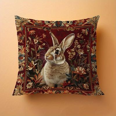 TEMU Easter-themed Soft & Comfortable Pillowcase - Retro Floral Rabbit Design, Zip Closure, Hand Wash Only - Living Room & Farmhouse Decor (pillow Not Included) Image