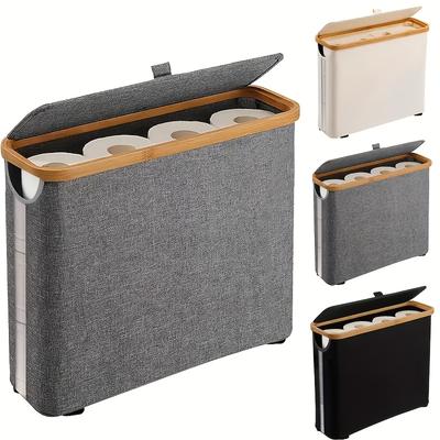 TEMU Bamboo Canvas Paper Towel Holder With Foldable Lid, Spacious Breathable Bathroom Storage Basket, Self-adhesive Unfinished Toilet Paper Organizer Container Image
